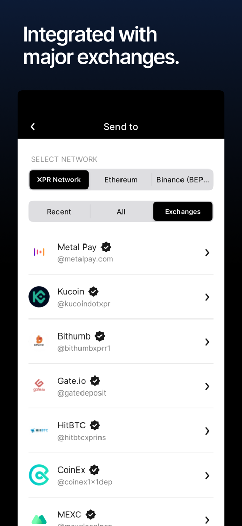 WebAuth app screen showing integration with major crypto exchanges including Kucoin and Metal Pay.