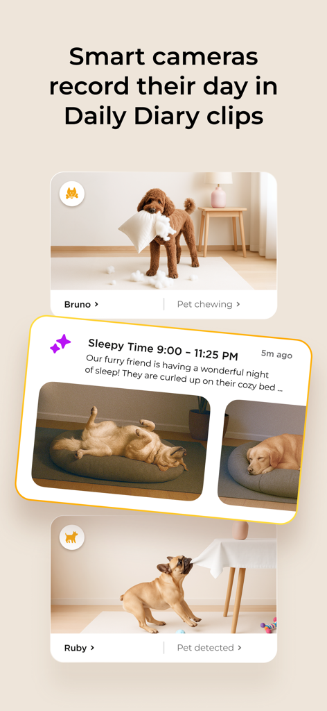 Petcube - Petcube app screen displaying smart camera video recordings and daily diary summaries of pets