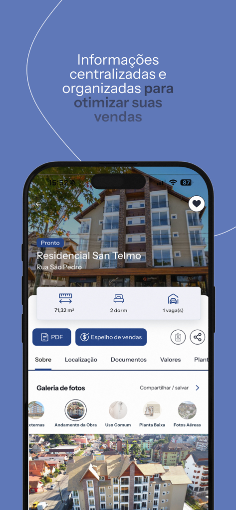 Bloco App - Interface do aplicativo móvel mostrando detalhes da propriedade imobiliária e ferramentas de vendas.