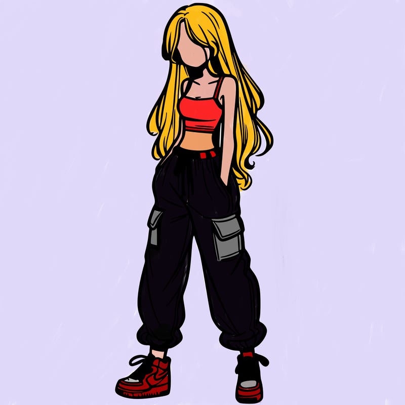 girl in baggy pants crop top and long hair