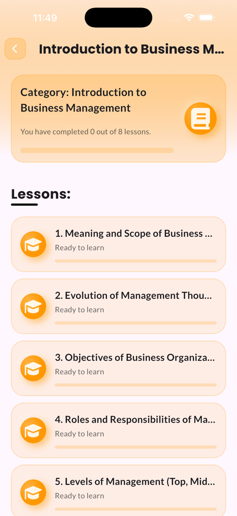 Learn Business Management - A screen showing the Introduction to Business Management category with a list of available lessons.