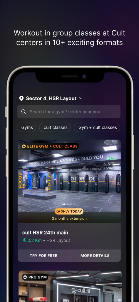 Mobile app screen showing search results for nearby fitness centers and group workout classes