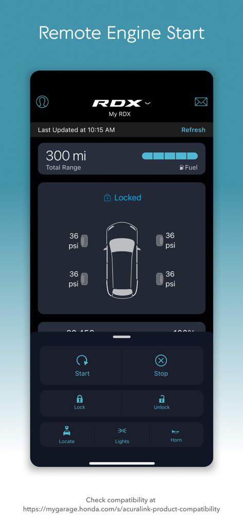 Interfaccia dell'app AcuraLink che mostra l'avviamento remoto del motore e lo stato di salute del veicolo