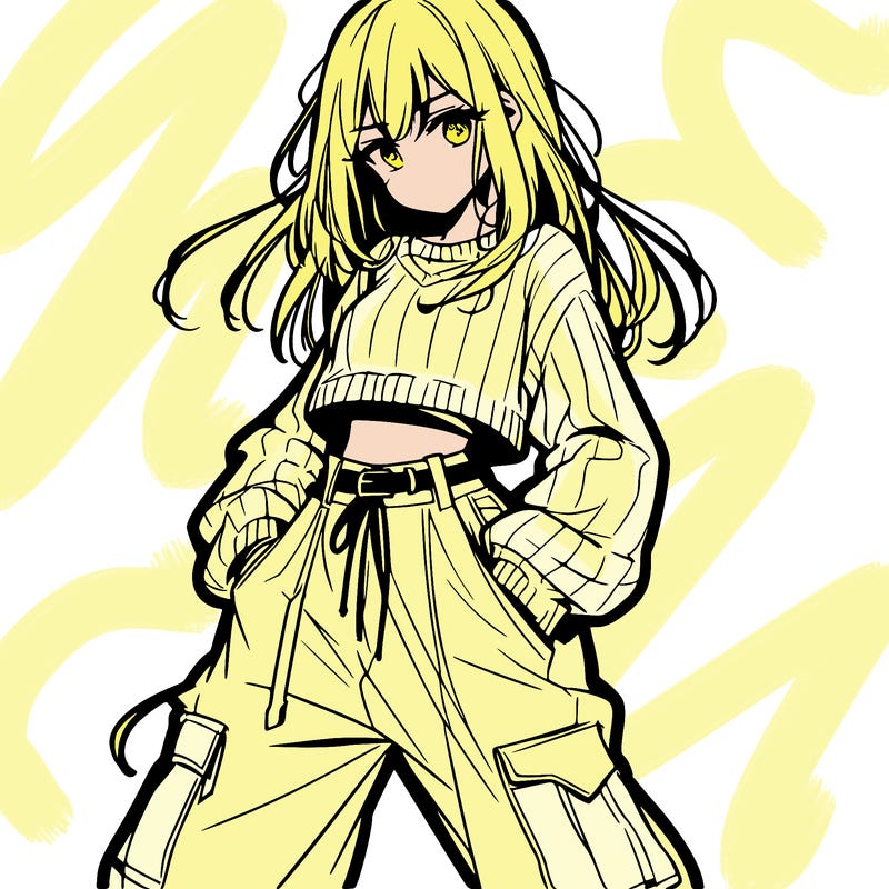 anime teen girl with baggy pants and crop top with sweater