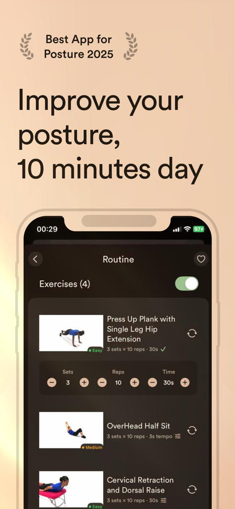 UpWise - Fix Posture Now - UpWise app interface showing a 10-minute posture improvement routine with personalized exercises