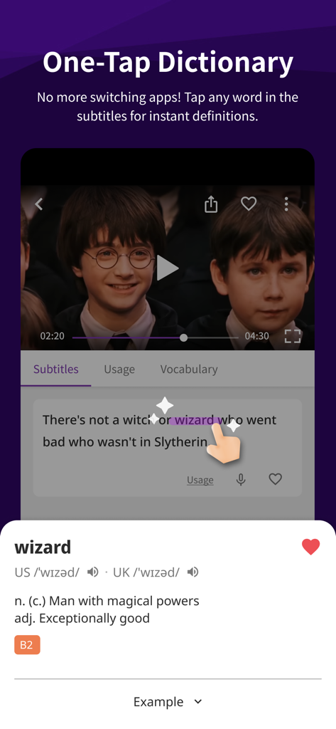 VoiceTube app showing the one tap dictionary feature with video subtitles and word definitions