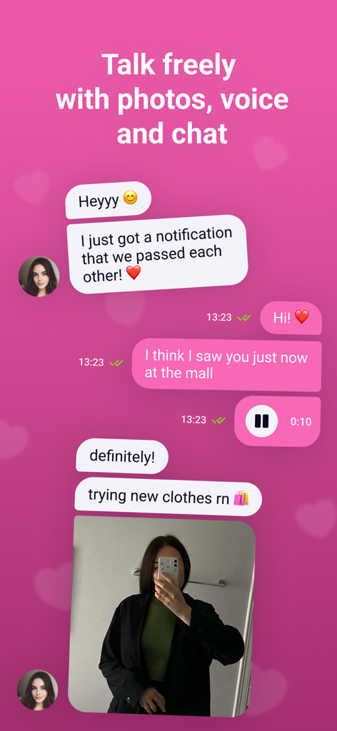 meet2more – dating and chat - Interface of meet2more dating app showing a chat conversation with text and a mirror selfie