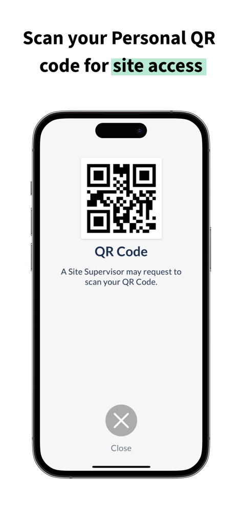 Avetta Workforceモバイルアプリに表示される、スマートフォン画面上の現場アクセス用個人QRコード。