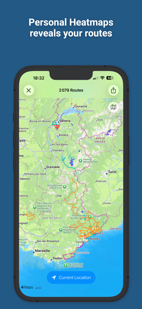 HealthFit - HealthFit app screenshot showing a personal heatmap with thousands of tracked fitness routes on a map