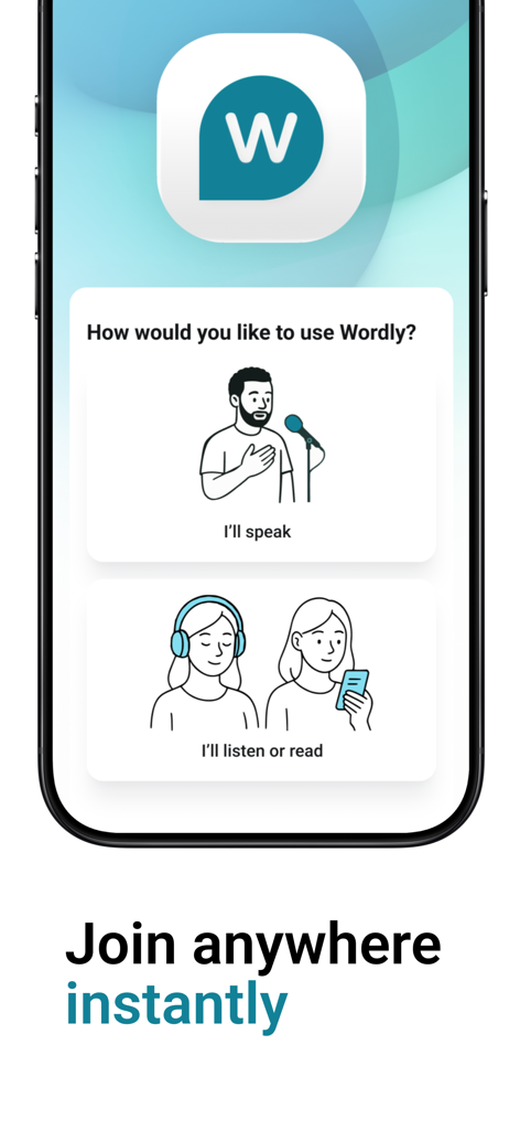 Wordly Translation - Pantalla de la aplicación Wordly Translation mostrando opciones para oradores y oyentes.