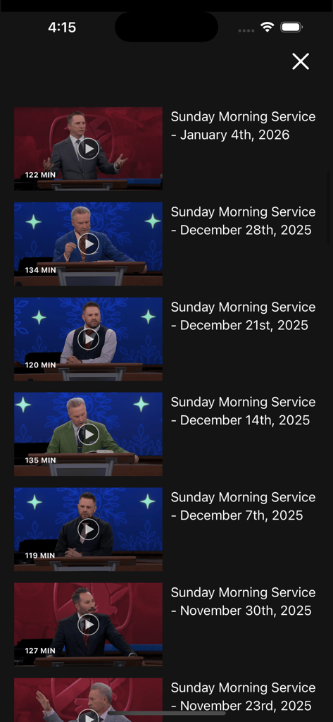 A list of Sunday Morning Service video recordings in the SBN NOW app featuring various speakers and dates.