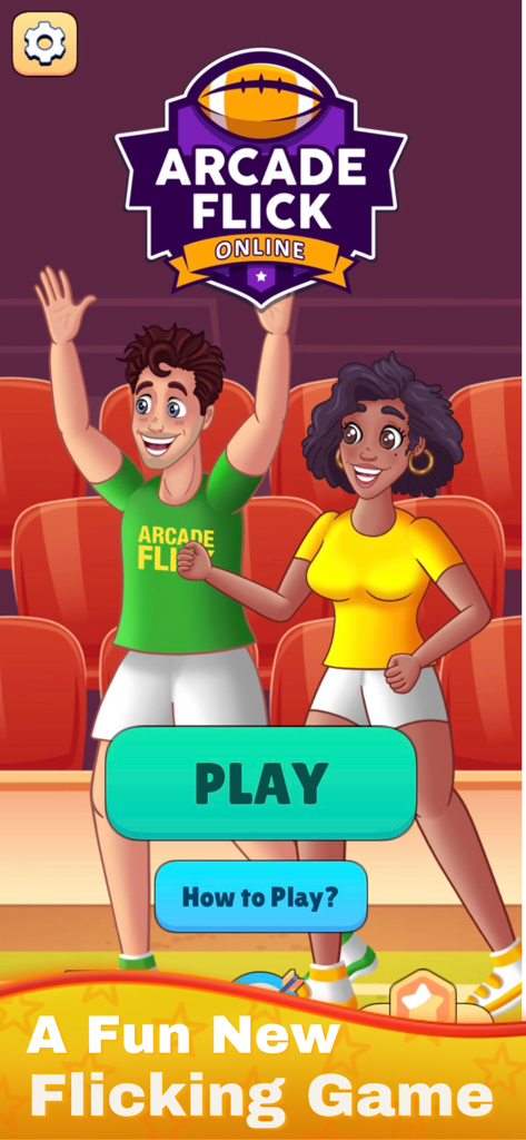 Real Money Football Flick Game - Arcade Flick Online main menu screen featuring two cheering characters and a large play button