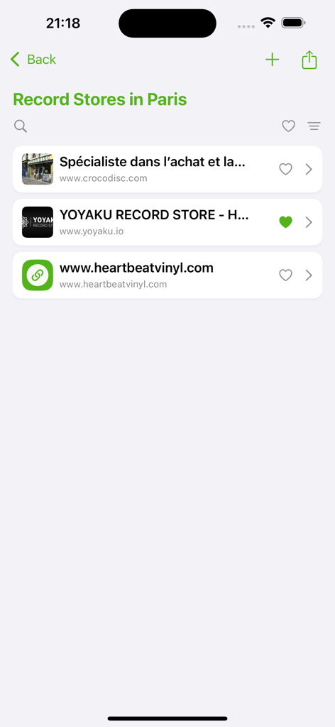 Interface of Linkdrop app showing a curated collection of record store links in Paris with favorite markers
