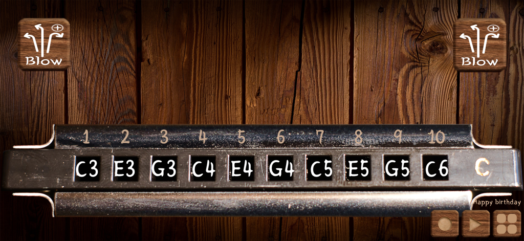 Harmonica Real Pro - A realistic virtual 10 hole diatonic harmonica with note labels on a wood grain background