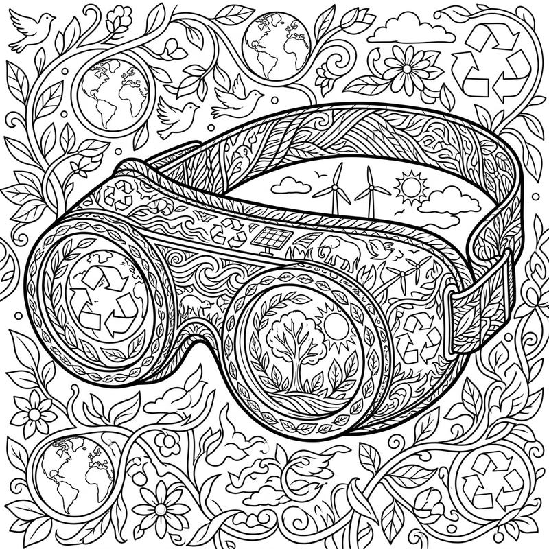 Dive into an intricate coloring experience with this Earth Day-themed adult coloring page featuring elaborately designed goggles. Perfect for expressing your love for the planet through mindful artistry.