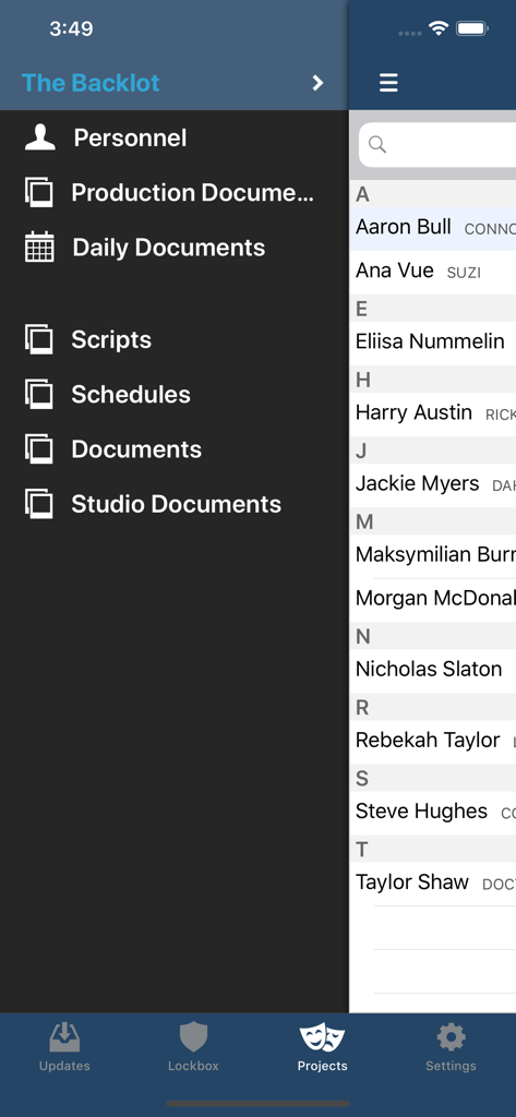 scenechronize - Scenechronize app interface showing a list of production personnel and the navigation menu