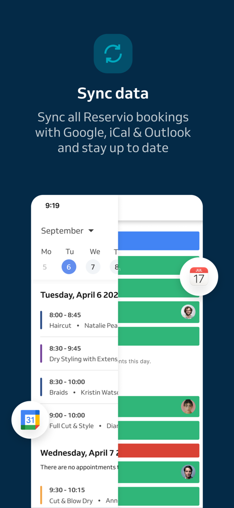 Interface de l'application Reservio Business montrant la synchronisation des réservations avec Google Agenda et Outlook.