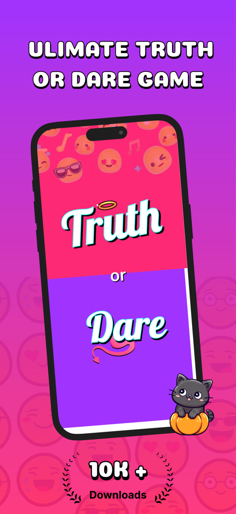 Mobile app screen for Truth or Dare party game showing options for truth and dare with a pink and purple interface