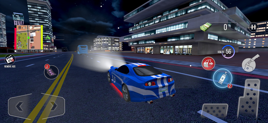 Midnight City Drifting Games - Blue sports car with white stripes driving through a modern city at night in a drift racing game.