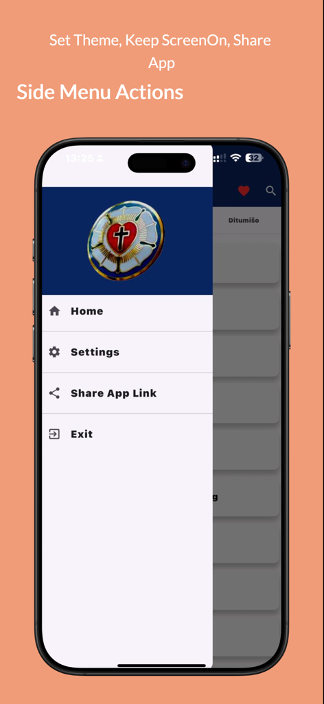 Difela Tša Luthere SA - Side navigation menu of the Difela Tša Luthere SA app with options for Home, Settings, and Share App Link.