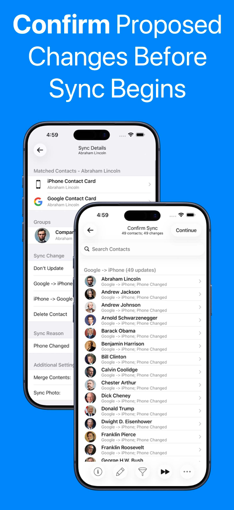 Contacts Sync: Google & More - 連絡先更新リストと同期詳細が表示され、GoogleアカウントとiPhoneアカウントを同期する前に変更を確認するインターフェース。
