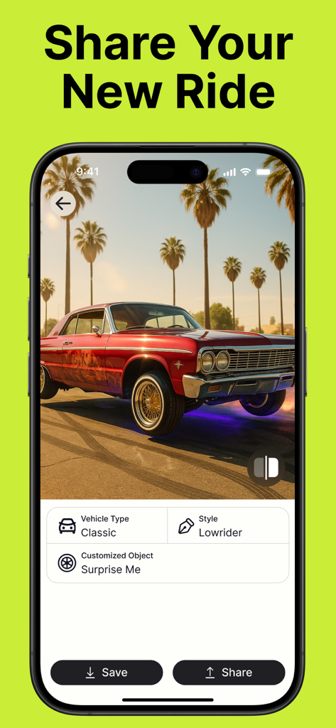 AI Car Designer Modify & Tune - Interfaz de la aplicación AI Car Designer mostrando un lowrider clásico rojo personalizado