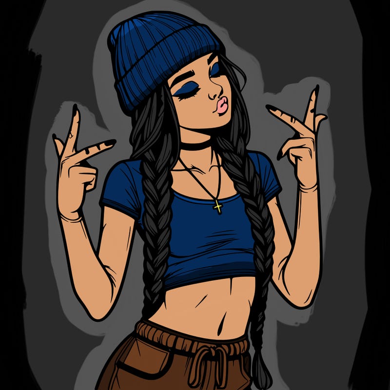 realistic teenage girl with braids and a beanie and crop top doing 🫶🏼