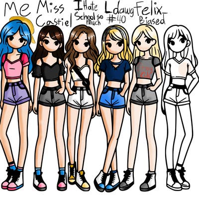 a group of girls wearing crop tops and shorts