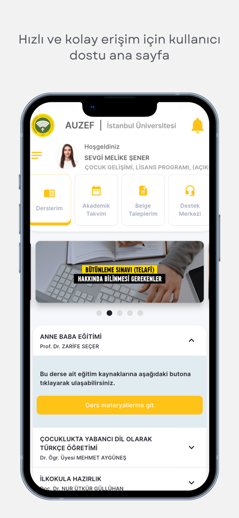 AUZEF mobile app student dashboard with course list and academic tools