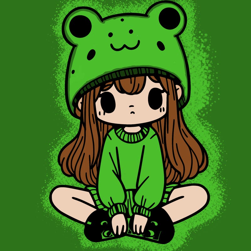 a girl wearing a frog hat and some frog socks