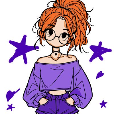 girl with a messy ponytail glasses a baggy crop top and jean shorts