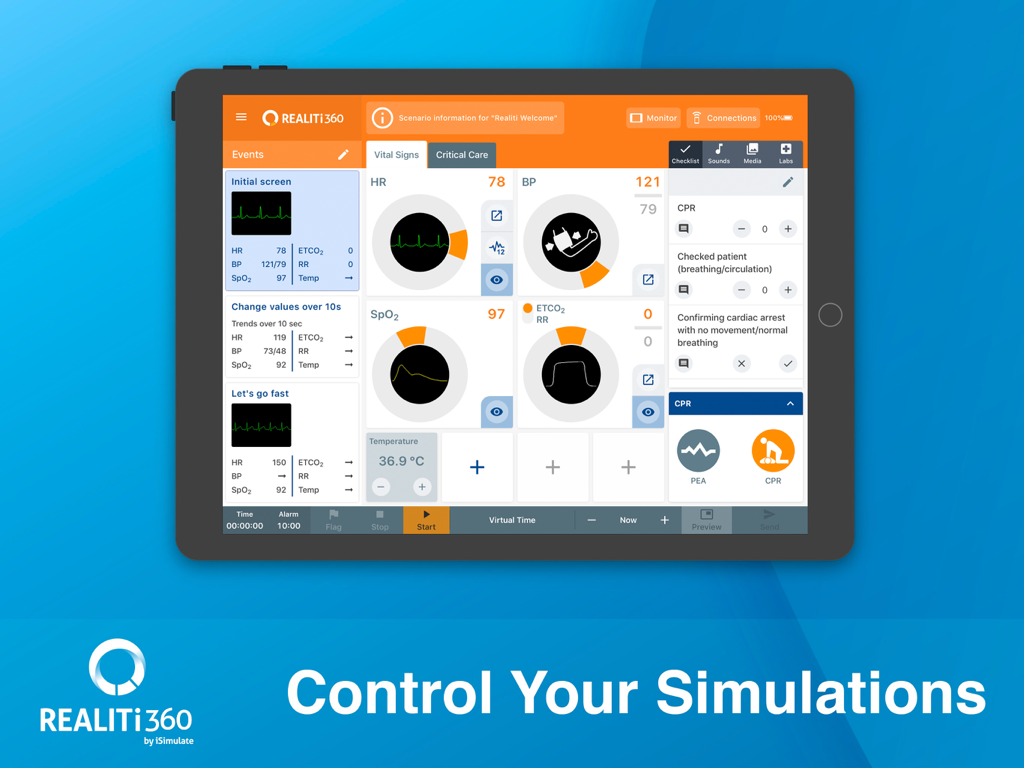 iPad interface for REALITi 360 medical simulation showing vital signs and clinical training controls