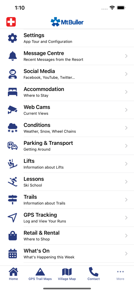 Menu principal do aplicativo Mt Buller Live exibindo opções para condições de neve, webcams e rastreamento por GPS