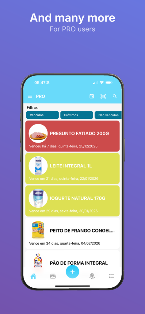 Smart Expiry Tracker - Smart Expiry Tracker PRO interface showing a list of tracked food items with color-coded expiration alerts and status filters