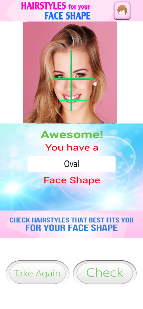 App screen showing the identification of an oval face shape on a woman with green alignment markers