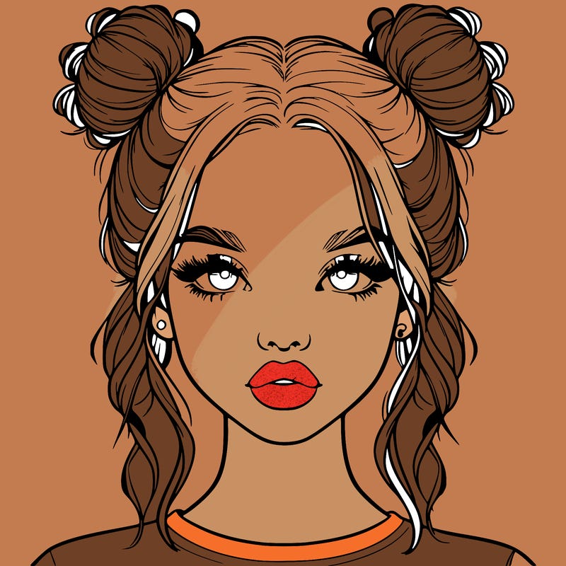 realistic girl with two buns in hair and lips