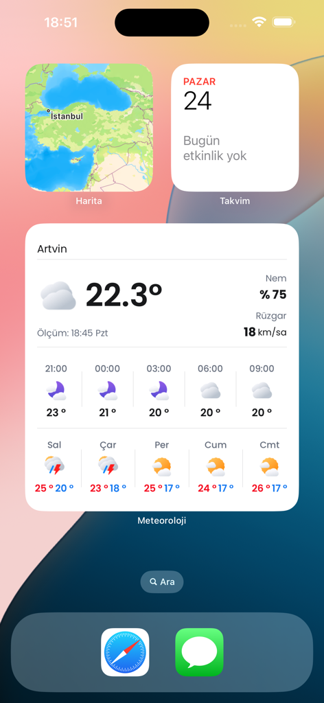 Hava Durumu Meteoroloji - iPhone home screen displaying the official Turkish meteorological service weather widget for Artvin and a map widget of Istanbul.