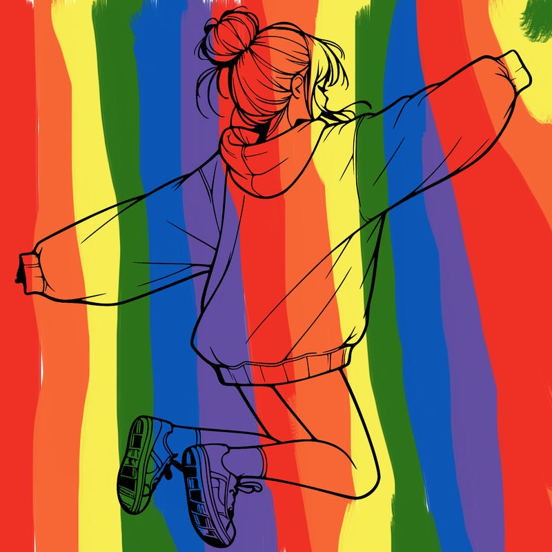 realistic girl jumping with a bun and oversized sweatshirt