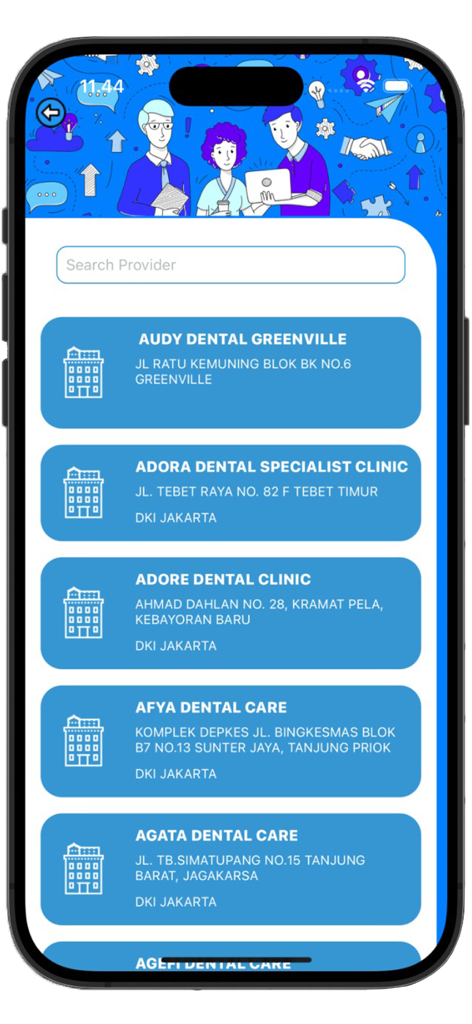 Intra Asia Health - Uma tela de celular mostrando uma lista pesquisável de provedores de saúde odontológica em Jacarta.