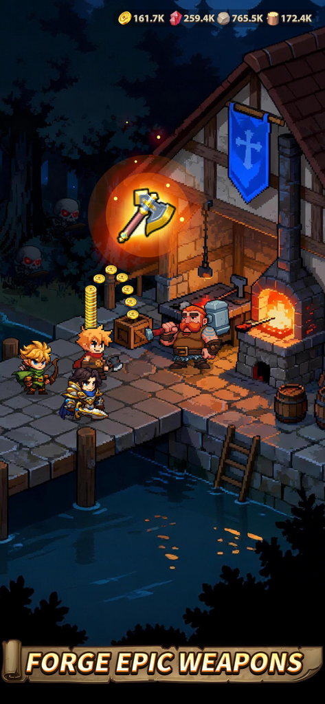 Top Heroes: Kingdom Saga - A pixel art blacksmith forging a golden axe for a group of heroes in Top Heroes Kingdom Saga