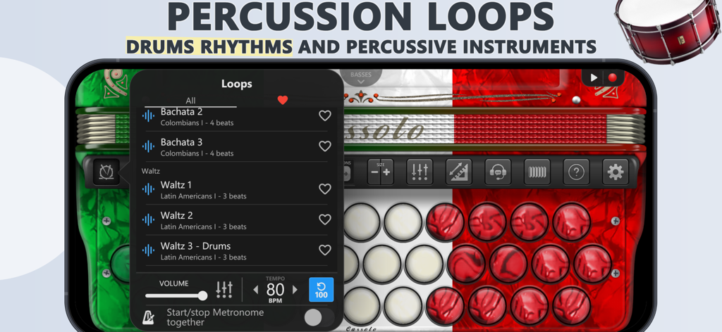 Interface de l'application Accordion Diatonic Cassoto affichant un menu de boucles de percussion incluant les rythmes Bachata et Valse