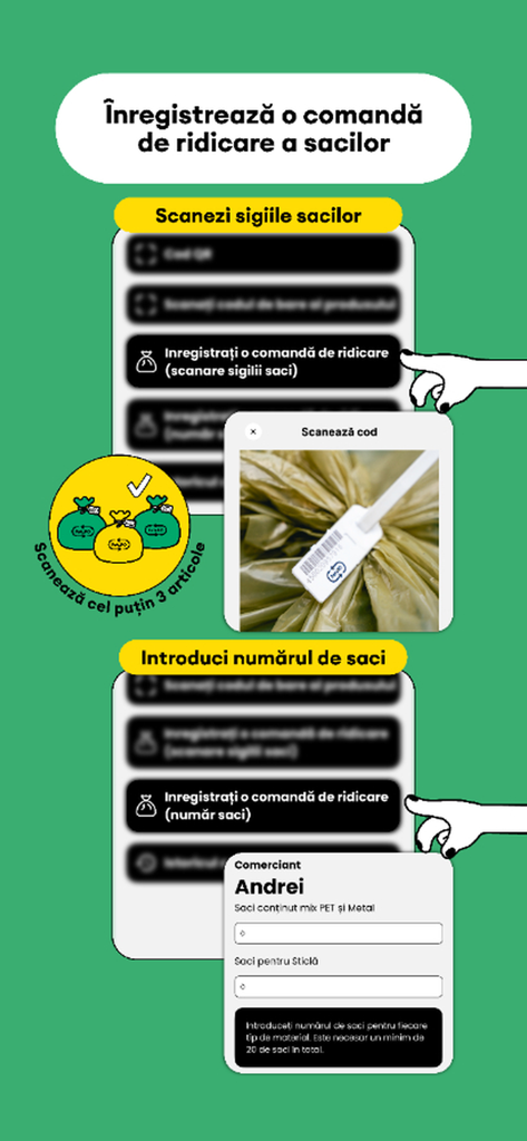 RetuRO for Business - Infografica che mostra il processo di scansione dei sigilli dei sacchi e l'inserimento del numero di sacchi per un ordine di ritiro nell'app RetuRO for Business