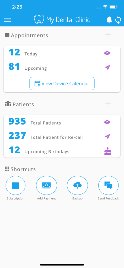 Dashboard of the My Dental Clinic app showing appointment counts and patient management statistics.