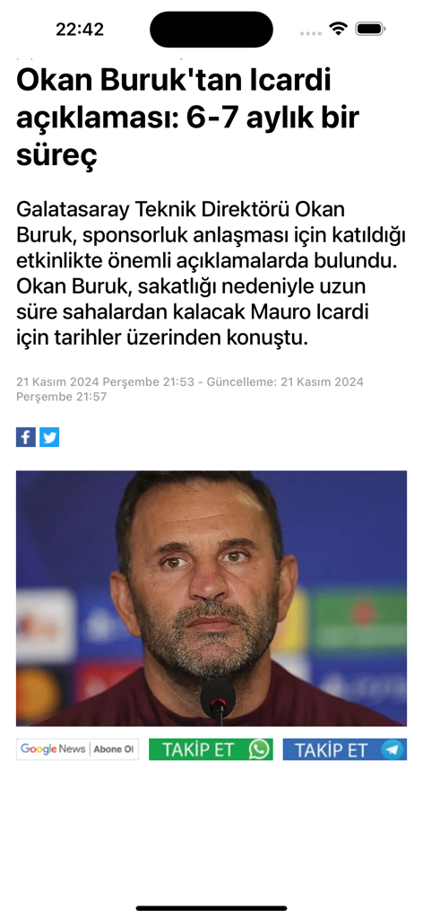 Okan Buruk discutiendo la lesión de Mauro Icardi en la aplicación deportiva Fotospor