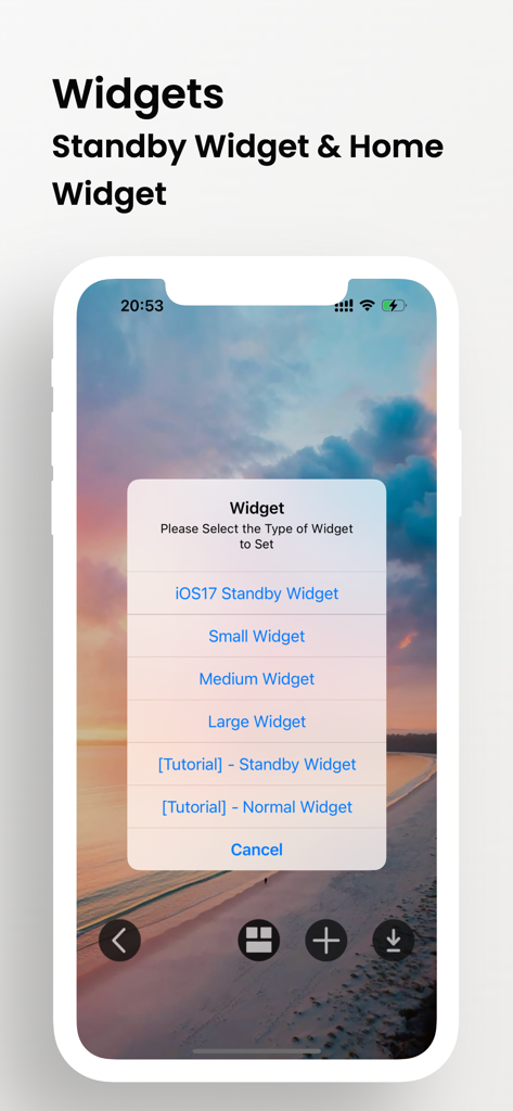 Wallpapers HD : Albums - iPhone screen showing the widget selection menu in Wallpapers HD app for iOS 17 standby and home screen customization.