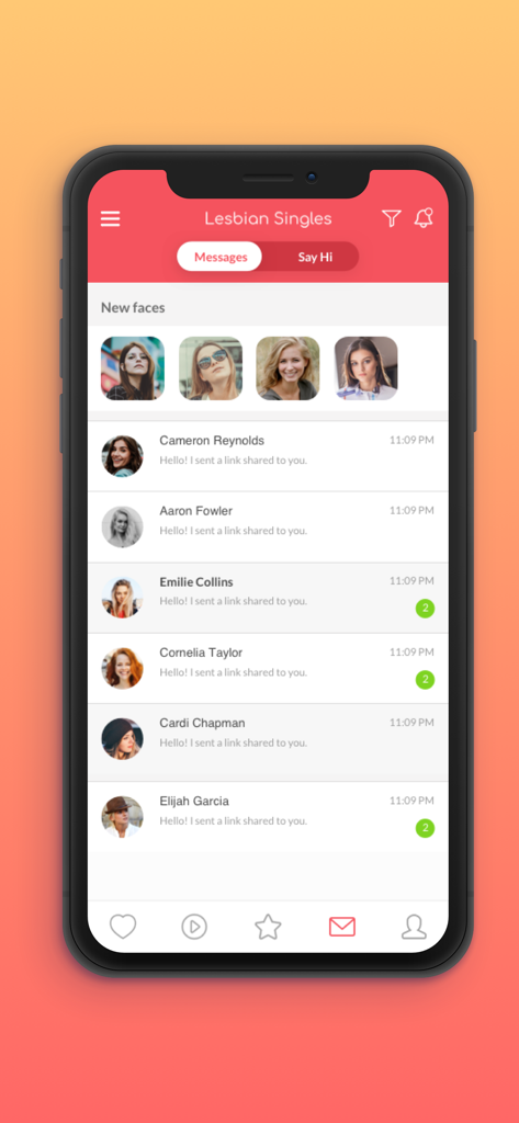Interface of the Lesbian Singles app displaying a list of active chat messages and new profiles.