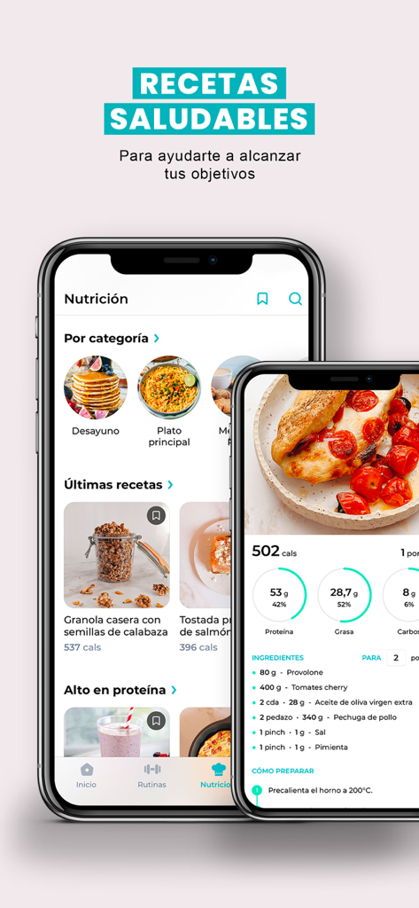 El Método Funcional - Mobile app screens showing healthy recipes with calorie and macronutrient tracking for fitness goals