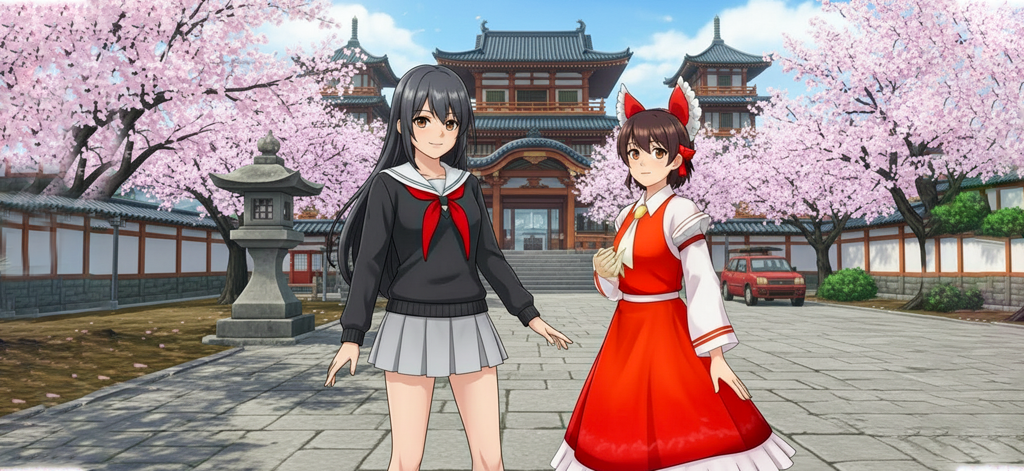 Anime Girl School Life Game 3D - Two anime girl characters in a courtyard with cherry blossom trees and a traditional Japanese building