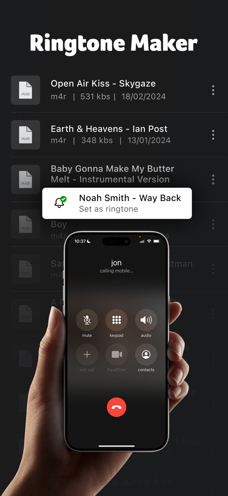MP3 Converter: Video to Audio - 오디오 파일 목록과 수신 전화 화면을 표시하는 iPhone의 벨소리 메이커 인터페이스
