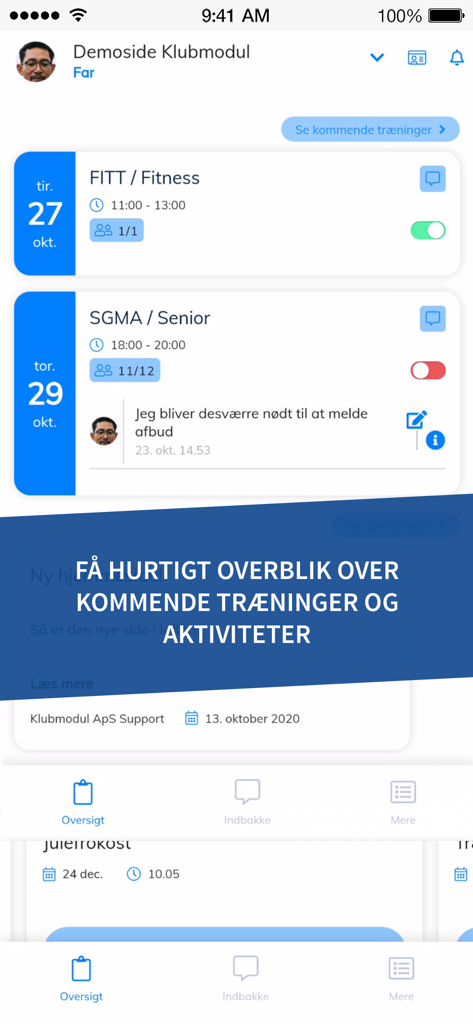 Klubmodul - Interface de l'application mobile Klubmodul affichant les prochaines séances d'entraînement sportif et le calendrier des activités